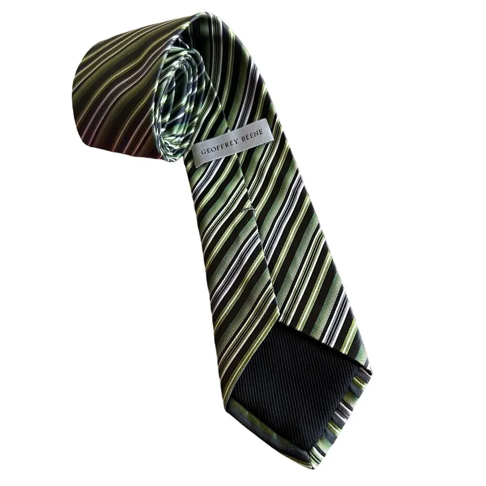 Geoffrey Beene | Men's Tie 100% Silk Green Grey White Striped